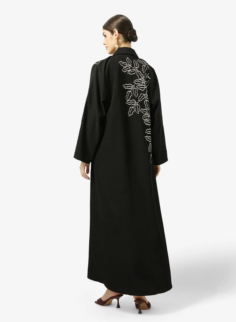 hayas closet Embroidered And Embellished Open Front Wide Lapel Collar Abaya